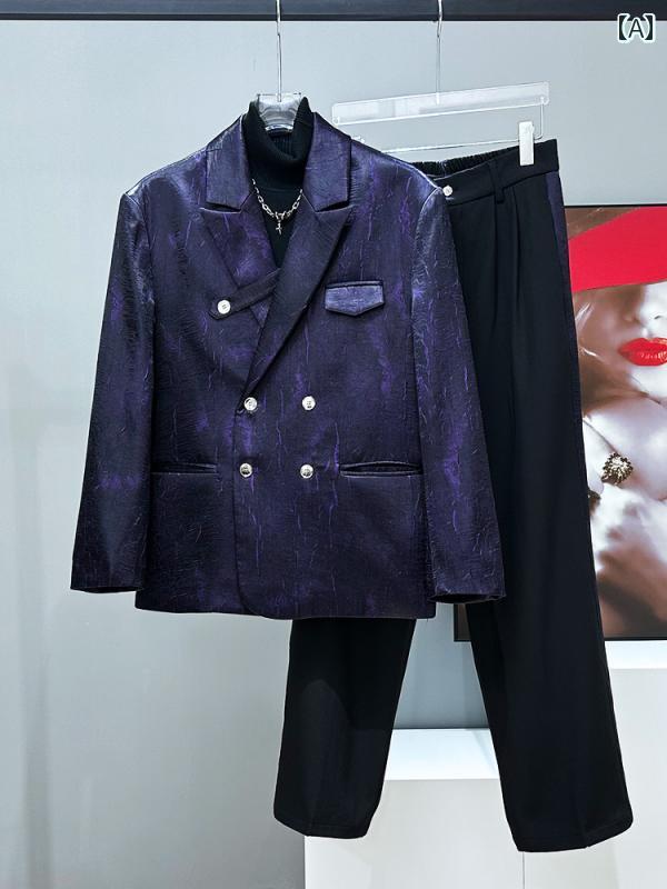 高級感 軽量 ダブルブレスト エンボススーツ セット ヤッピー カジュアルスーツ ストレートレッグパンツ セット エレガント 洗練 オフィス 上品 高級感