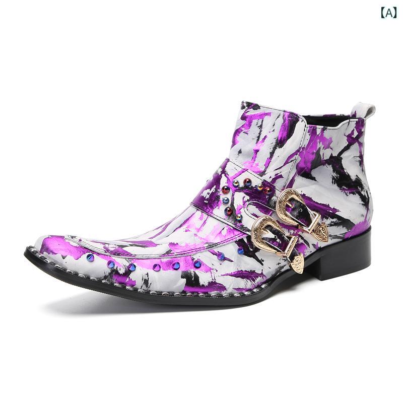 ショートブーツ 派手 青年 ショート ポインテッドトゥ 高級感 日常使い ミドルヒール カラフル 個性的 ..