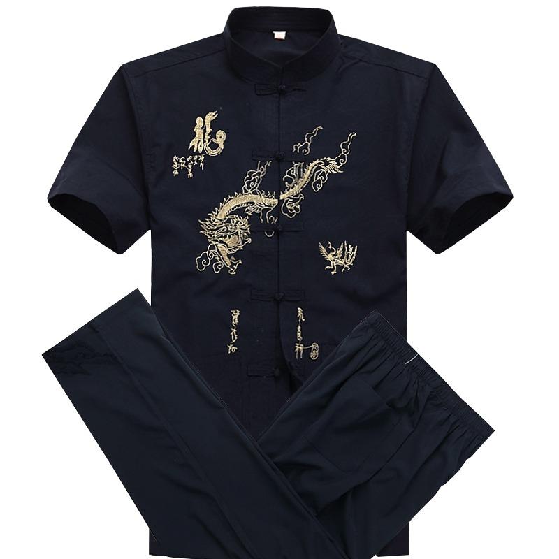 ドラゴン 龍 チャイナ風 夏 スーツ メンズ 半袖 シャツ 中国 漢服 アジアン 伝統 トラディショナル ブルー ベージュ レッド グレー ホワイト