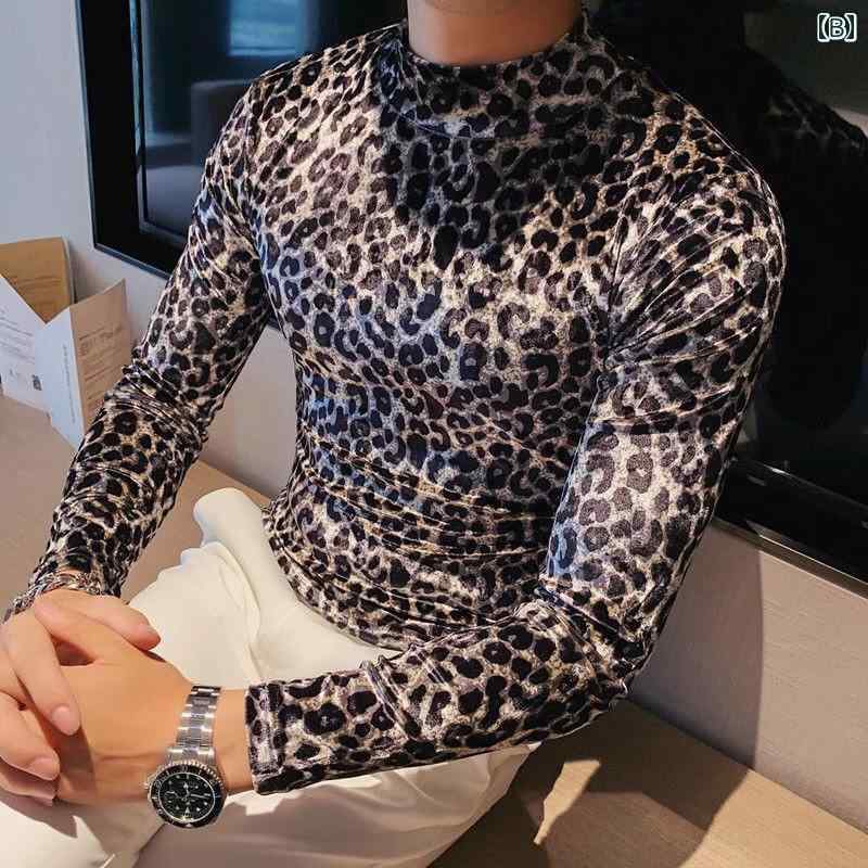 メンズ インナー ハイネック トップス ナイトクラブ ベロア プリント Y2K ストレッチ タイト ヒョウ柄 暖かい