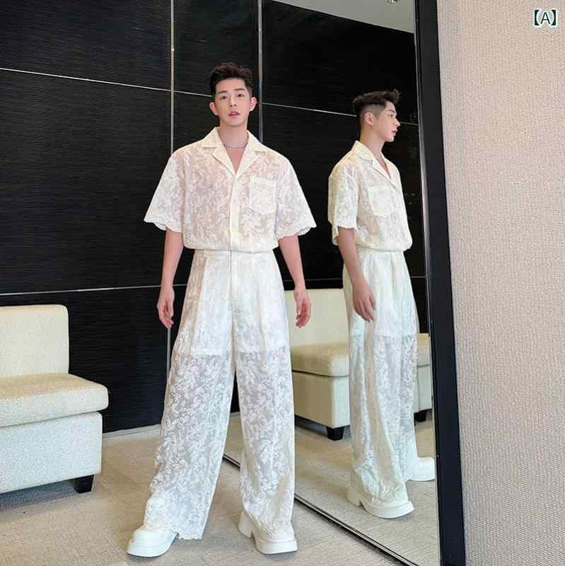 メンズ シアーシャツ レース 上下 セットアップ 上品 セクシー パリ 高級 メッシュ パンツ 男性 おしゃれ 衣装 春夏 ハイファッション 大人 色気 フェミニン