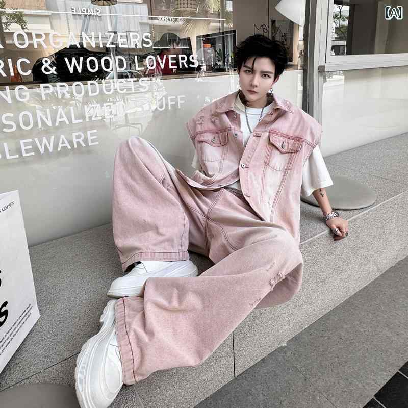 メンズ ピンクデニム 上下 セットアップ Gジャン ブリーチ ダメージ ベスト ジーンズ クラッシュデニム 春夏 ストリート おしゃれ かわいい 映え ヴィンテージライク