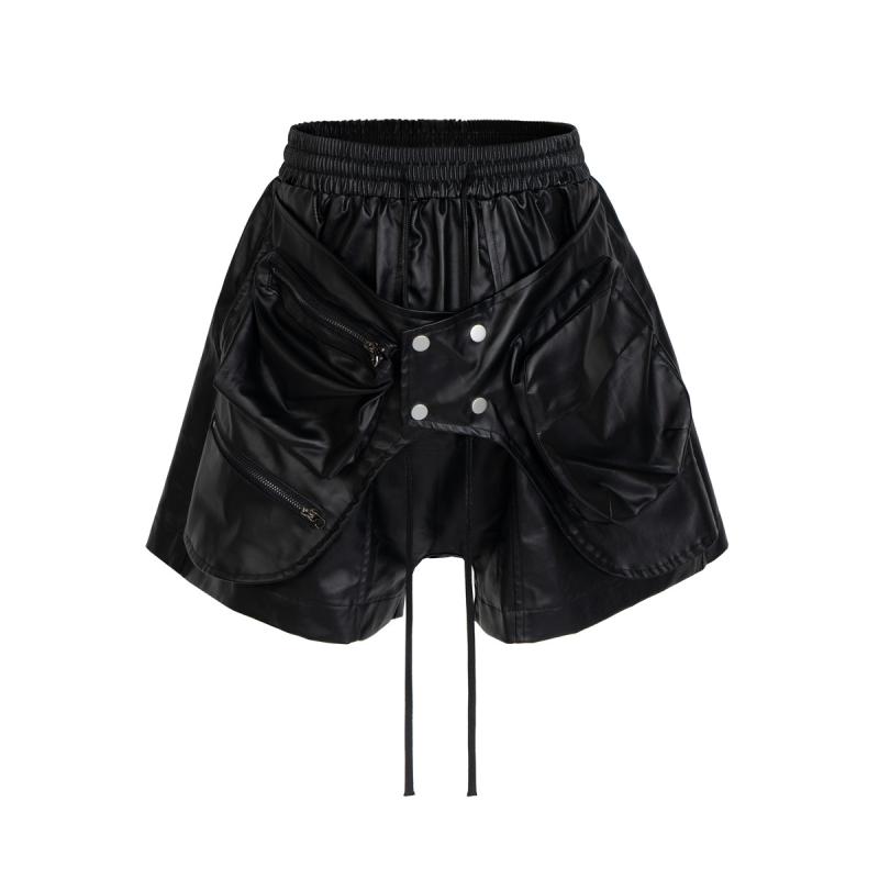 半ズボン 黒 ブラック レザー パンツ ショートパンツ 短パン ボクサーパンツ ダーク パンク ロック ストリート レイヤード ボトム