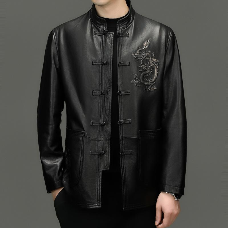 Jumper, Blouson - メンズ レザー ジャケット スタンドカラー ボタン付き チャイナ風 トップス 春秋 ゆったり カジュアル ドラゴン柄 唐装