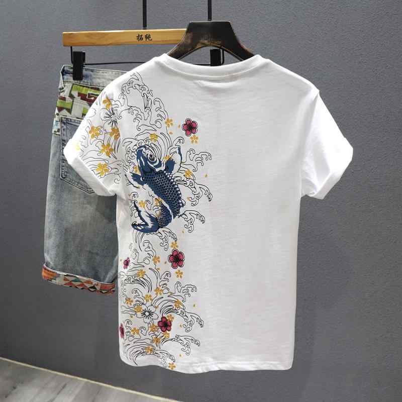Hombres estilo chino T-shirt impreso medio mango sencillo casual relajante cómodo topes de algodón de gran tamaño