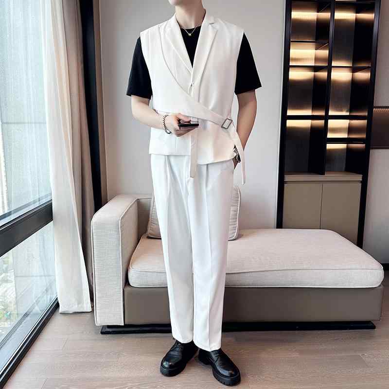 メンズ 紳士服 ジレ カジュアル モダン シンプル スタイリッシュ ホワイト セットアップ 上下セット ベスト 高級感 夏 薄手