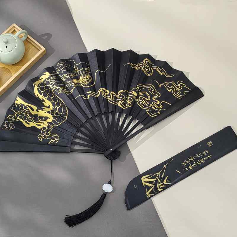 扇子 黒金 ブラック ゴールド レトロ メンズ チャイナ ドレス 着物 ゴシック ダーク 龍 ドラゴン ポータブル 夏 漢服 衣装 撮影 小道具