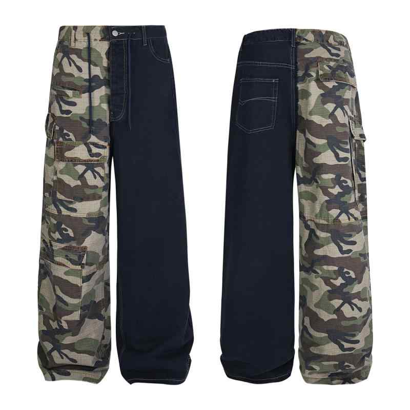切り替え ツートンカラー インディゴデニム カモフラ柄 アウトドア 迷彩 リメイク ジーンズ メンズ レディース ゆったり ワイド カジュアル パンツ