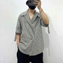 シャツ ストライプ トップス 半袖 シングルブレスト ラペル カジュアル 薄手 涼感 ダーク 不規則 ストリート アシンメトリー スタイル 夏 メンズ 男性 軽量 ソフト 日常使い