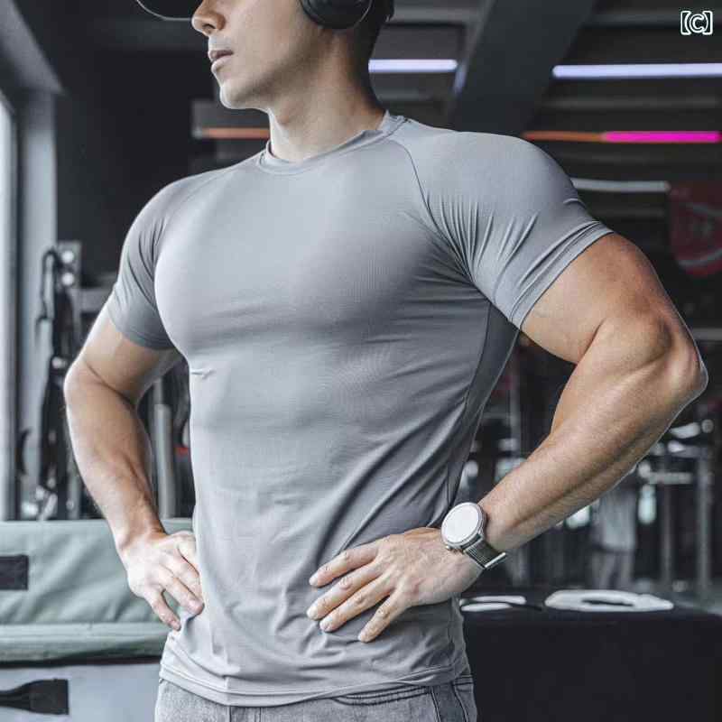 半袖 メンズ マッスル シャツ フィットネス スポーツ トレーニング 速乾 伸縮性 ランニング 無地 夏 ストレッチ クール 通気性 吸汗