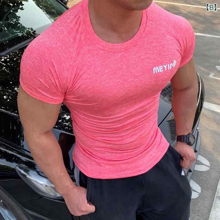 メンズ 半袖 シャツ フィットネス 夏 ストレッチ タイト ラウンドネック 速乾 トレーニング マッスル エクササイズ ランニング 通気性