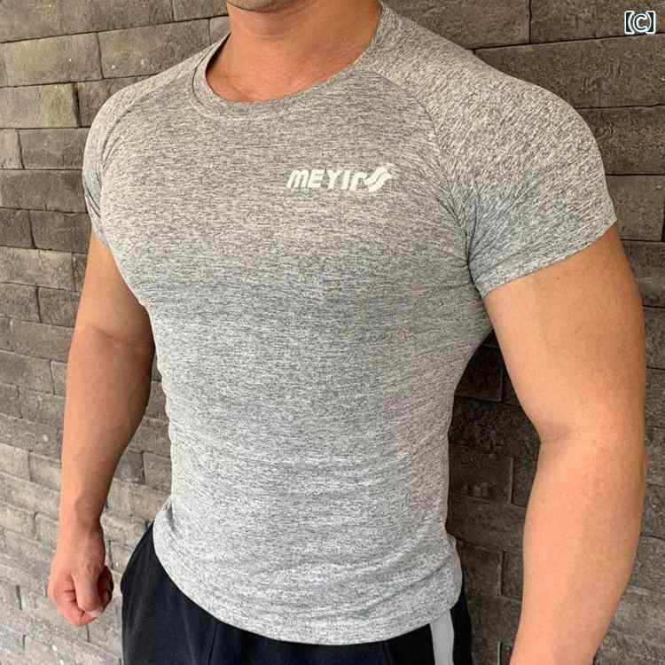 メンズ 半袖 シャツ フィットネス 夏 ストレッチ タイト ラウンドネック 速乾 トレーニング マッスル エクササイズ ランニング 通気性