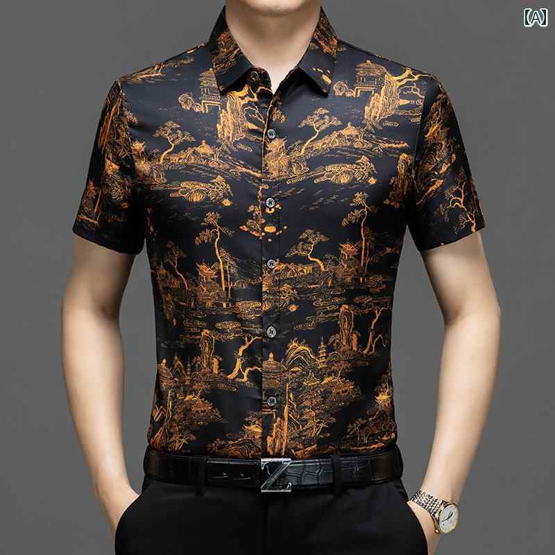 半袖シャツ シルク 柄物 襟 ノーアイロン 黒地 柔らか 薄手 冷感 クール 夏 メンズ モダン シック シンプル 高級感 カジュアル エレガント