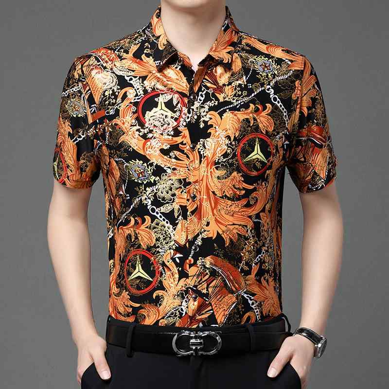 男性服 シャツ 派手 レトロ 総柄 ゴージャス 夏 半袖 柄シャツ メンズ 冷感 ハイカジュアル プリントシ..