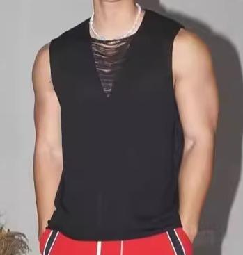 メンズ トップス ニット シャツ ノースリーブ 透かし編み ベスト 大きい Vネック ローエッジ ダメージ加工 編み地 ワイドショルダー モード アイボリー 黒 大きめ 快適 スポーティ カジュアル(4)