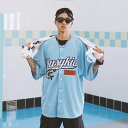 ベースボールシャツ 水色 野球 ユニフォーム風 魚 フィッシュ ストリート ヒップホップ ダンス 半袖 スカイブルー ドロップショルダー アメリカン ウエストコースト