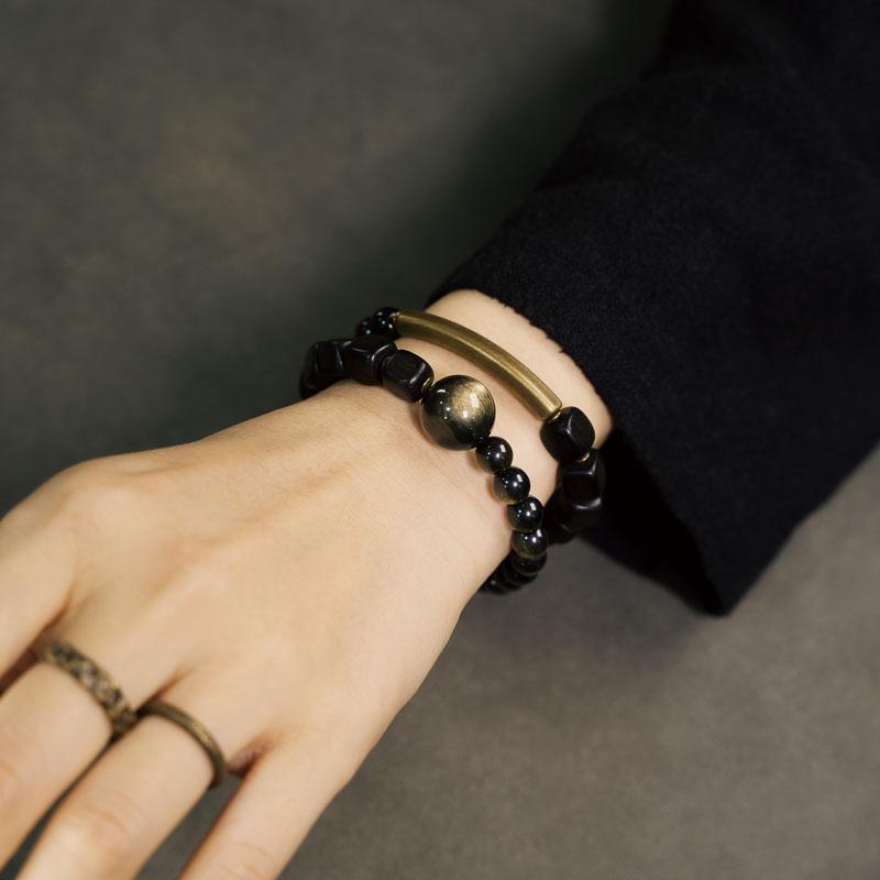 ブレスレット 数珠 汎用性 黒檀 黒曜石 ダブル サークル 女性 男性 レトロ カップル ペア ハンド アクセサリー