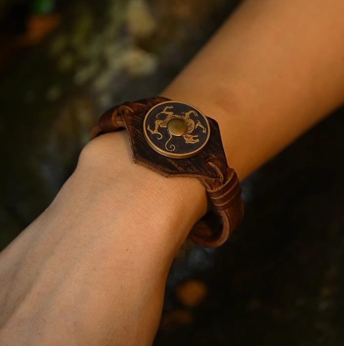 ブレスレット レトロ チャイナ風 真鍮 四神獣 男女兼用 ファンタジー 神話 彫刻 メンズ レディース 青龍 朱雀 白虎 玄武