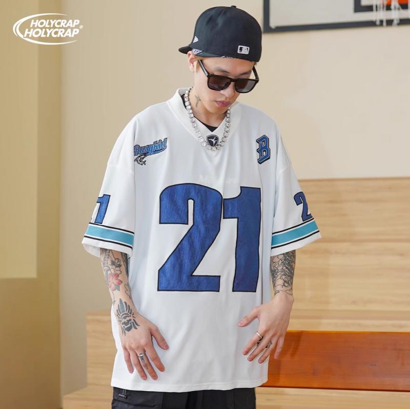 ナンバリング トップス 背番号21 スポーティー ヒップホップ ストリート アメリカン レトロ Vネック 半袖 男女 刺繍 ダンス ゆったり カップル 夏