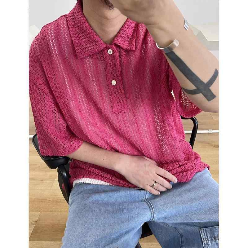 ローズピンク ポロシャツ 透け感 おしゃれ ユニーク クール メンズ ストリートファッション 快適 スケ..