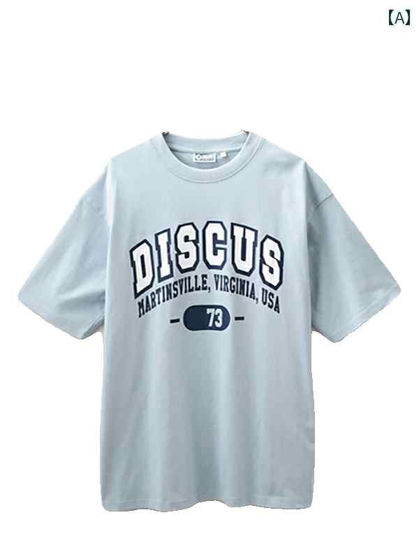 メンズ 半袖 シャツ レトロ ストリート ゆったり カジュアル ラフスタイル 柔らか素材 スポーティー ラウンドネック ライトブルー