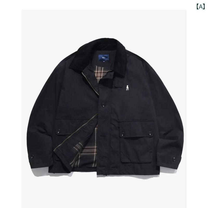 メンズ アウターウェア アメリカン レトロ チェック柄裏地 クマ 刺繍 ジャケット カジュアル ヴィンテージ ブラック グリーン