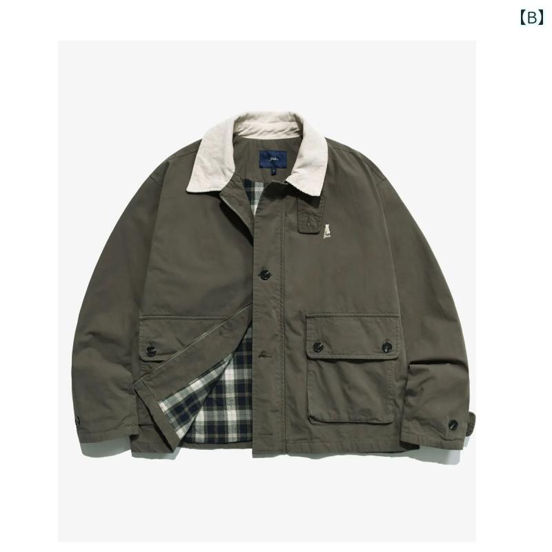メンズ アウターウェア アメリカン レトロ チェック柄裏地 クマ 刺繍 ジャケット カジュアル ヴィンテージ ブラック グリーン