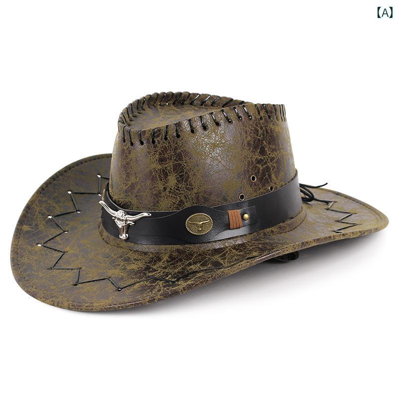 カウボーイ ハット 帽子 双頭 ウエスタン ダメージ 加工 ひび割れた PU レザー 春夏 アウトドア 旅行 レジャー 男女兼用 カジュアル つば広(4)