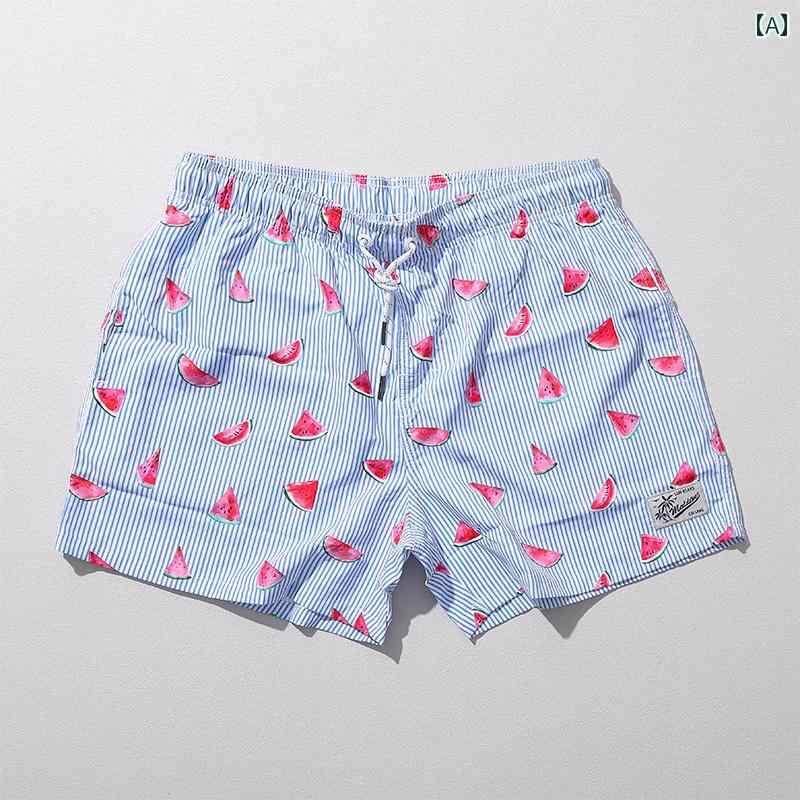 ビーチパンツ 海パン 短パン ストライプ 水着 メンズ 夏 スイカ プリント 海辺 サーフィン ゆったり 速乾 ショート パンツ スポーツ カジュアル