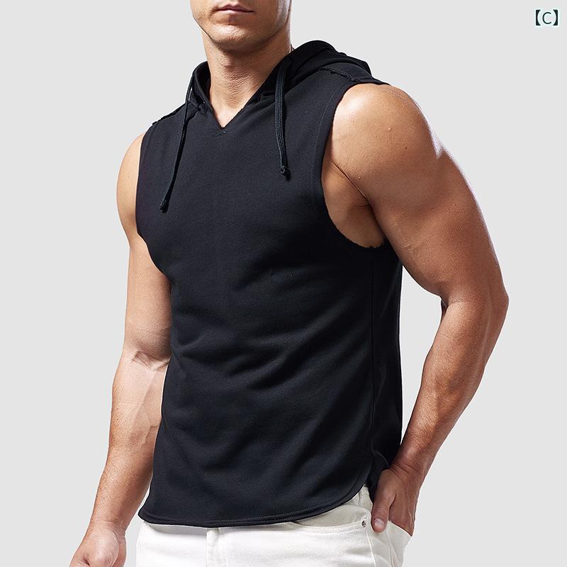 メンズ ノースリーブ シャツ フード付き スポーティー フィットネス シンプル ベーシック 合わせやすい トレーニング ジム アクティブ