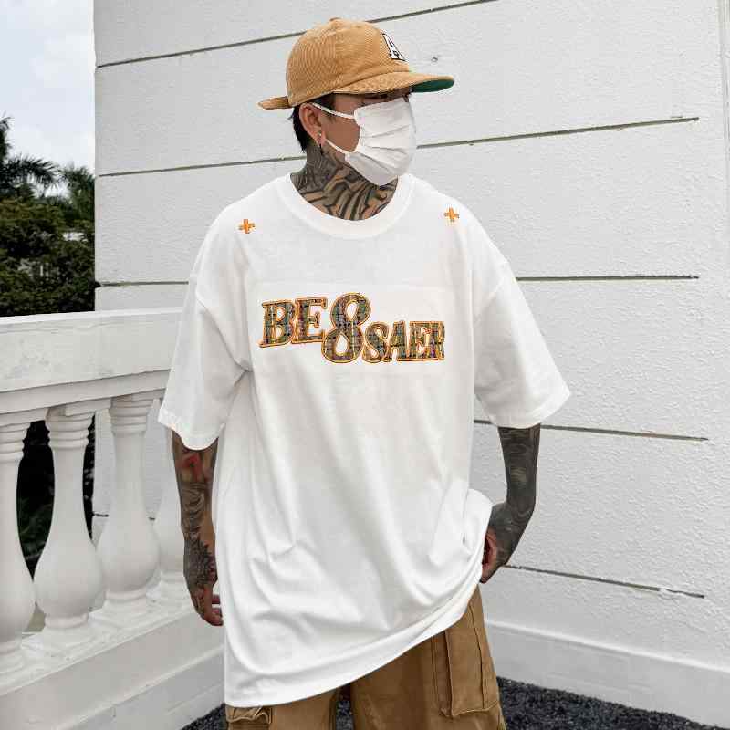 メンズ Tシャツ 半袖 アメリカン レトロ ヤンチャ ストリート 刺繍 文字 ラウンドネック トップス オーバーサイズ カジュアル(4)