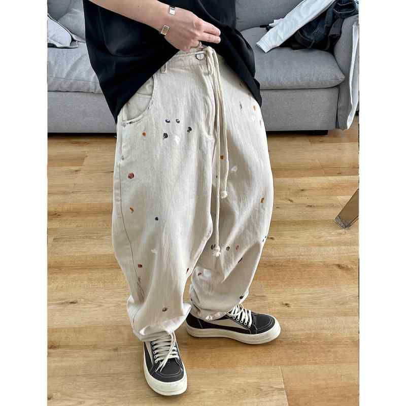 ワイドパンツ コットン 立体裁断 カジュアル シミター モード メンズ ゆったり アート風 シンプル ワークウェア 個性的 ユニーク おしゃれ テーパードパンツ オフホワイト