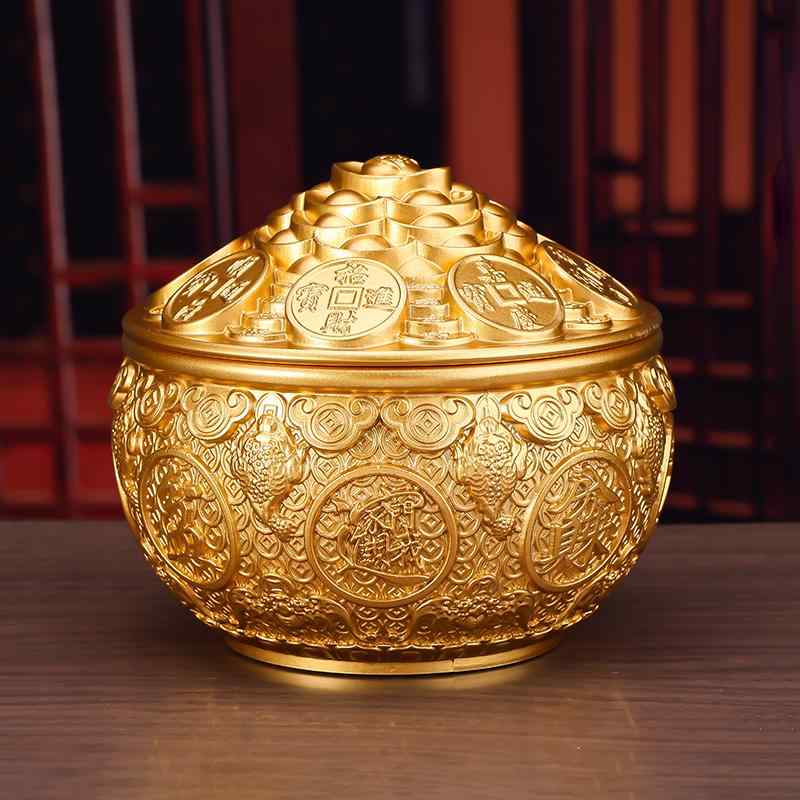 入れ物 ゴールド 金色 金ぴか 金運 高級感 中国 銅 豊穣 飾り 蓋付き 装飾 貯金箱 開店 新築 祝い ギフ..