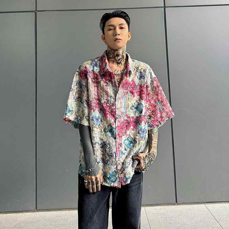 メンズ 高級感 ジャカード おしゃれ 半袖 柄シャツ クール かっこいい ヴィンテージ 個性的 ユニーク ..