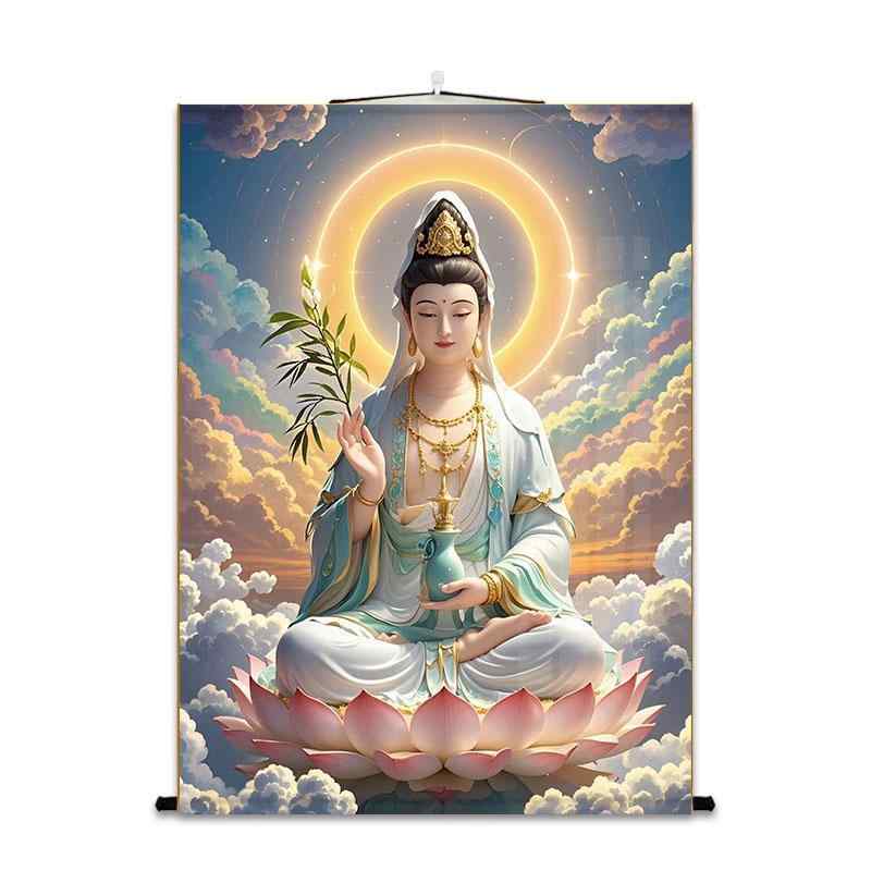 観音菩薩 掛け軸 絵画 レトロ 古風 和風 インテリア 蓮華 肖像画 巻物 絹 布 仏教 禅 壁画 中国 飾り カラー アート