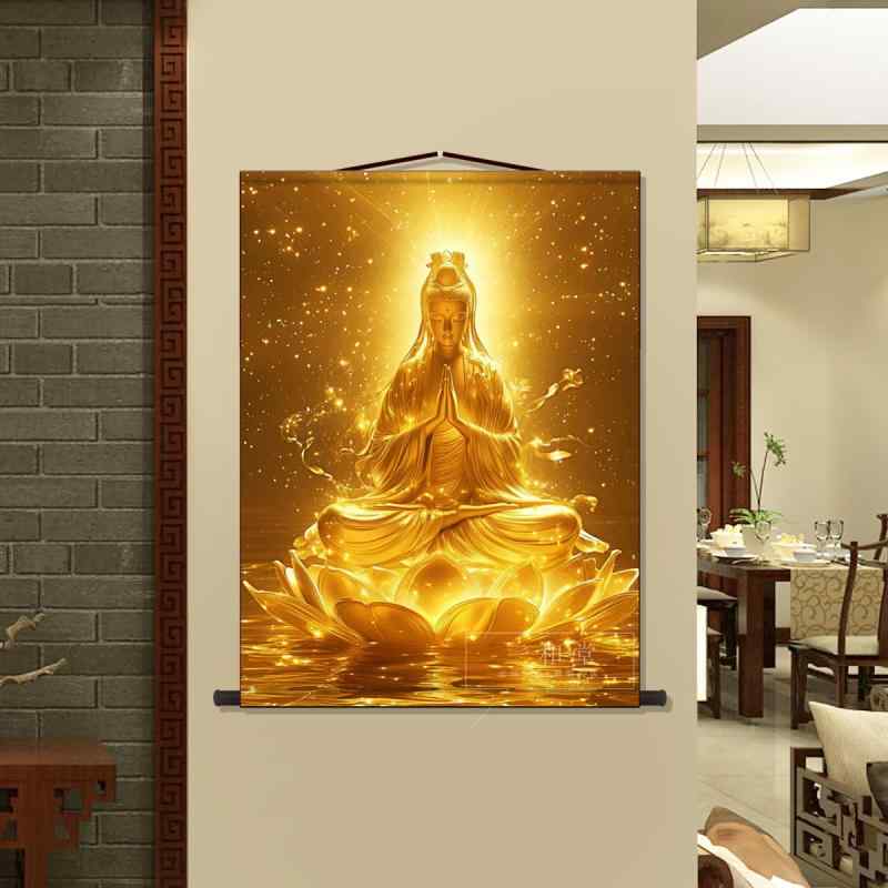 観音菩薩 掛け軸 絵画 レトロ 古風 和風 インテリア 金色 ゴールド ゴージャス 肖像画 巻物 絹 布 仏教 禅 壁画 中国 飾り 金運