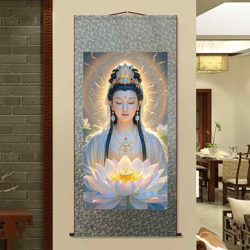 観音菩薩 掛け軸 絵画 レトロ 古風 和風 インテリア 蓮華 美しい 肖像画 巻物 絹 布 仏教 禅 壁画 中国 飾り