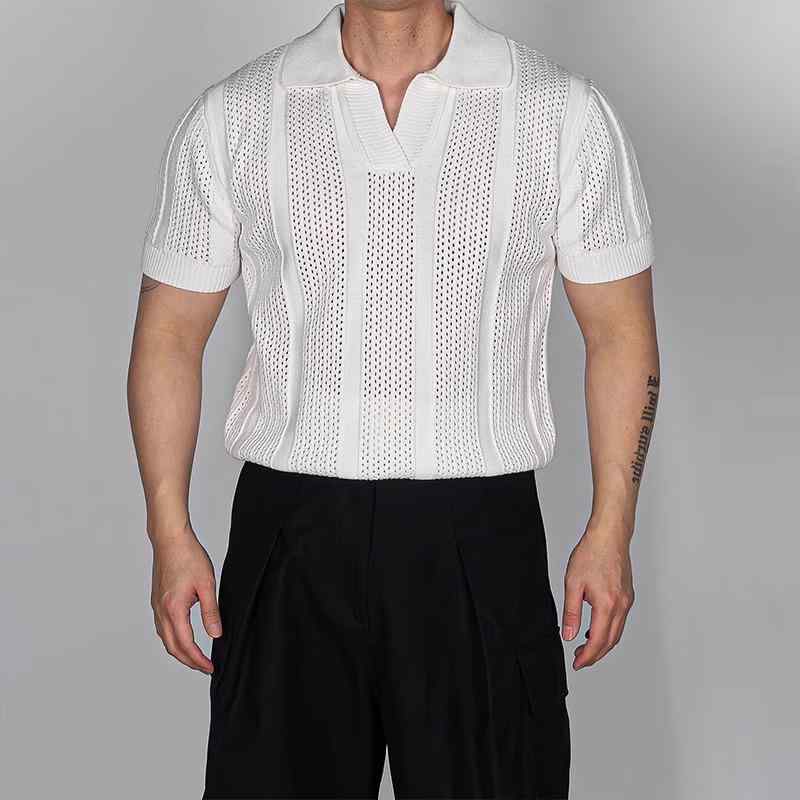 メンズ アメリカン メッシュ テクスチャ ニット 半袖 POLO シャツ 夏 軽量 シンプル おしゃれ トップス(4)