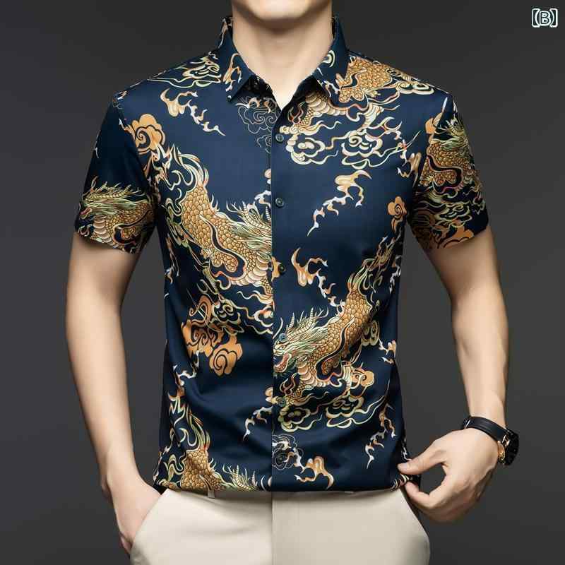 メンズ 夏 半袖 麒麟 プリント シャツ カジュアル 伸縮性 ノーアイロン 薄手 シングルブレスト トップス