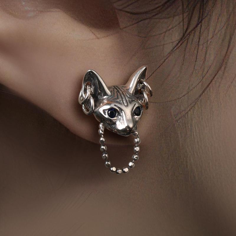 ピアス シルバー アクセサリー 猫 レトロ ネコ 象嵌 ラインストーン 青い目 男女 ユニセックス 耳 飾り..