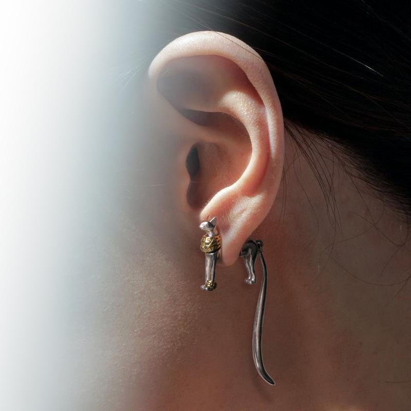 ピアス ユニセックス 男女 ユニーク ネコ 猫 カップル 925 シルバー ゴールド 両面 シルバー レトロ 個..