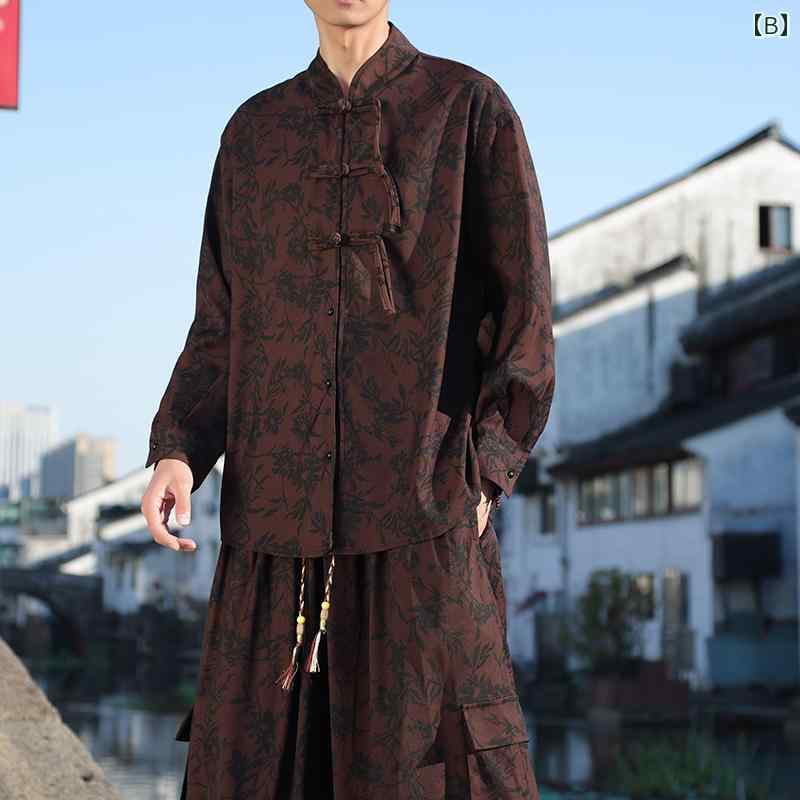 メンズ ファッション セットアップ 秋 ボタン 長袖 シャツ トップス プリント ワイド レッグ ゆったり リラックス パンツ ズボン レトロ チャイナ風 大きいサイズ スーツ