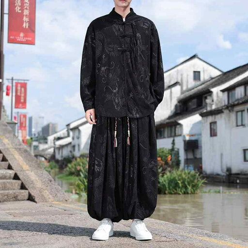 メンズ ファッション セットアップ チャイナ風 ボタン ドラゴン柄 シャツ トップス ジャカード コーデュロイ 春 スーツ パンツ ズボン ゆったり リラックス 快適 レトロ メンズ ファッション セットアップ チャイナ風 ボタン ドラゴン柄 シャツ トップス ジャカード コーデュロイ 春 スーツ パンツ ズボン ゆったり リラックス 快適 レトロ