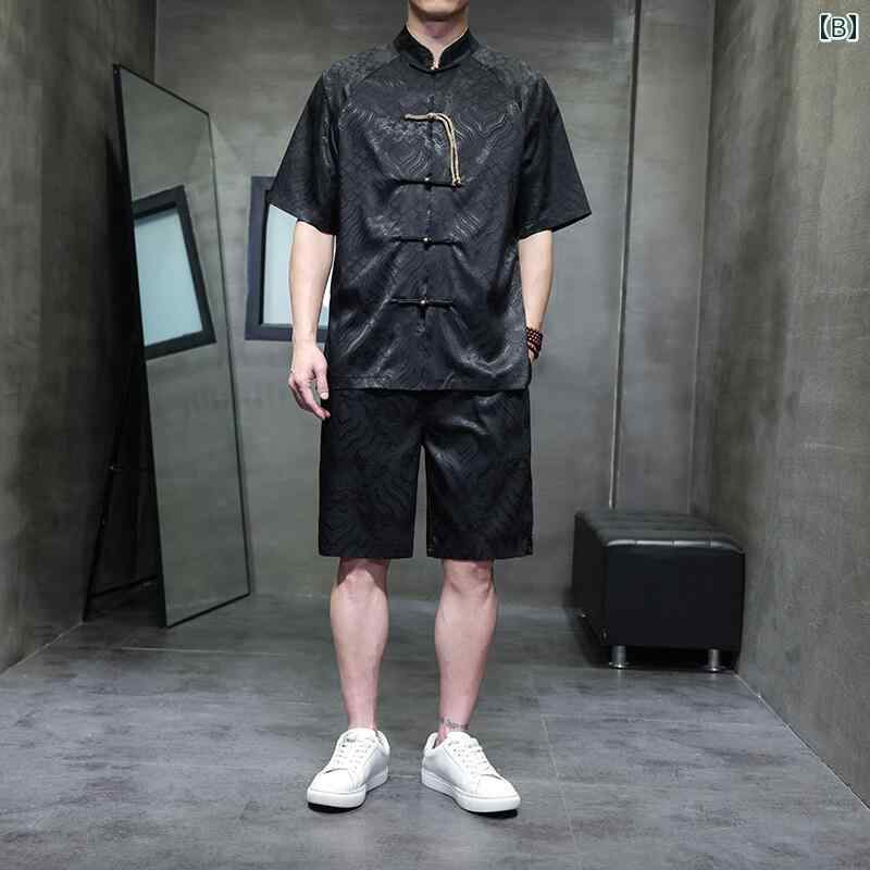 メンズ ファッション セットアップ チャイナ風 レトロ ボタン 半袖 シャツ 夏 スーツ トップス ショートパンツ 冷感 薄手 リラックス 快適 着心地 伝統的 アジアン