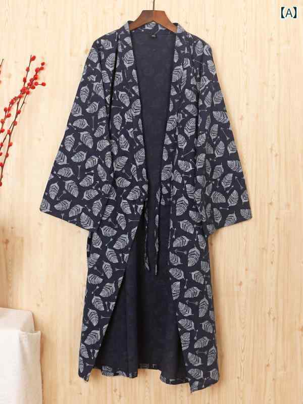 ホームウェア 春夏 メンズ 綿 リネン ミドル丈 通気性 薄手 着物 漢服 レトロ 部屋着 和風 快適 リラックス 軽量