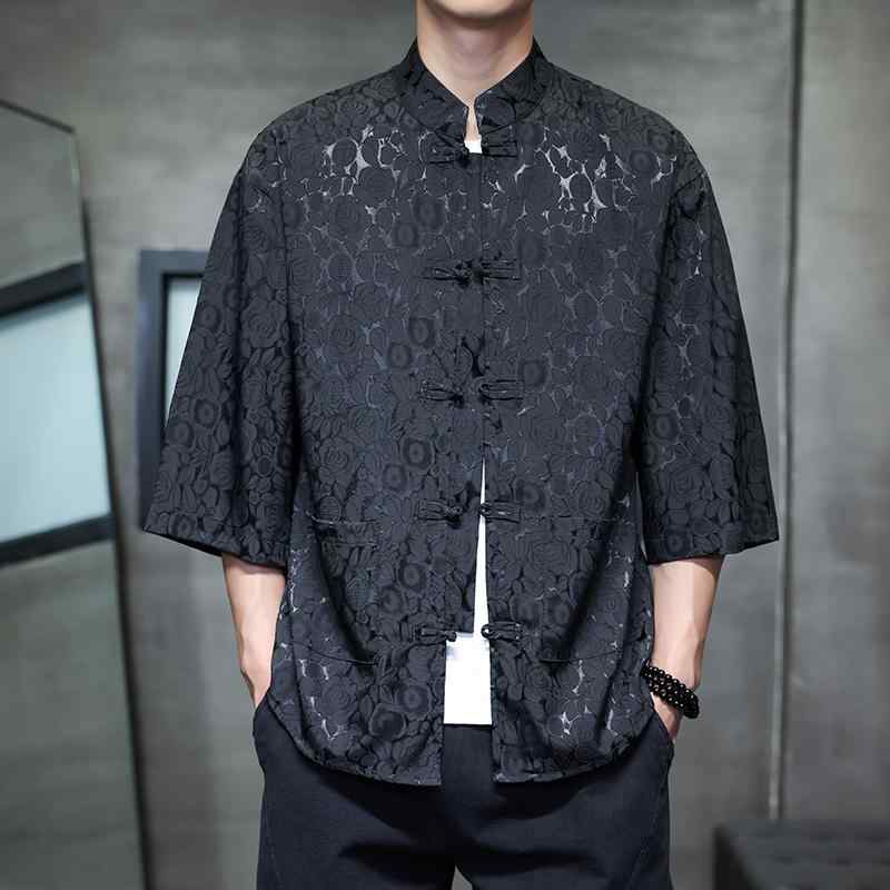 夏服 メンズ シャツ ダーク ヤンチャ チャイナ レトロ 中国 ストリート 唐装 漢服 半袖 五分袖 カジュ..