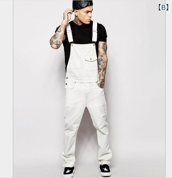 サロペット オーバーオール サスペンダーズボン デニム 白 ポケット多数 ストレート メンズ カジュアル 若見え