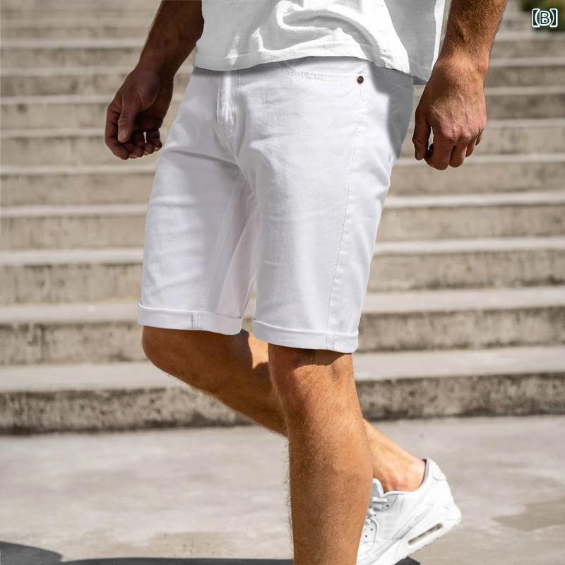 デニム ショートパンツ 短パン ハーフ 膝上 無地 白 黒 夏 メンズ 散歩 コーデ 合わせやすい シンプル カジュアル