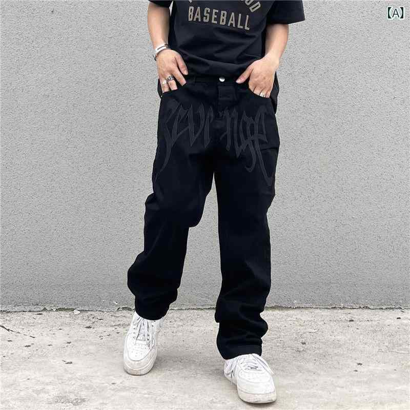 レッグパンツ ハイウエスト 刺繍入り 黒 春秋 メンズ カジュアル デザイン性 クラシック