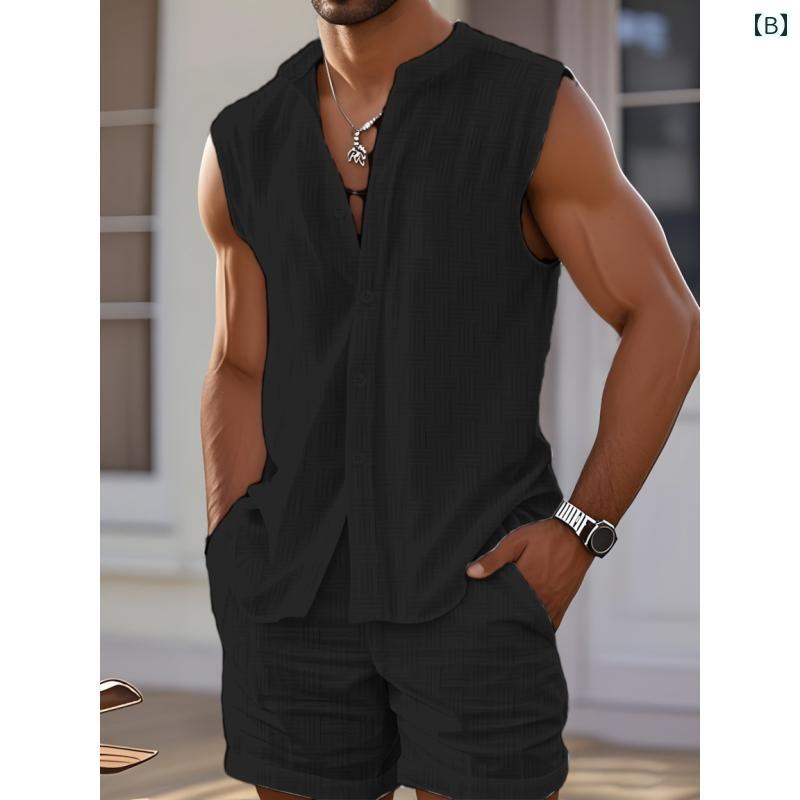 メンズ ベスト シャツ カジュアル ノースリーブ ショートパンツ 上下セット セットアップ ビーチ 旅行 軽量 合わせやすい カラバリ豊富 選べるカラー 色違い リラックス